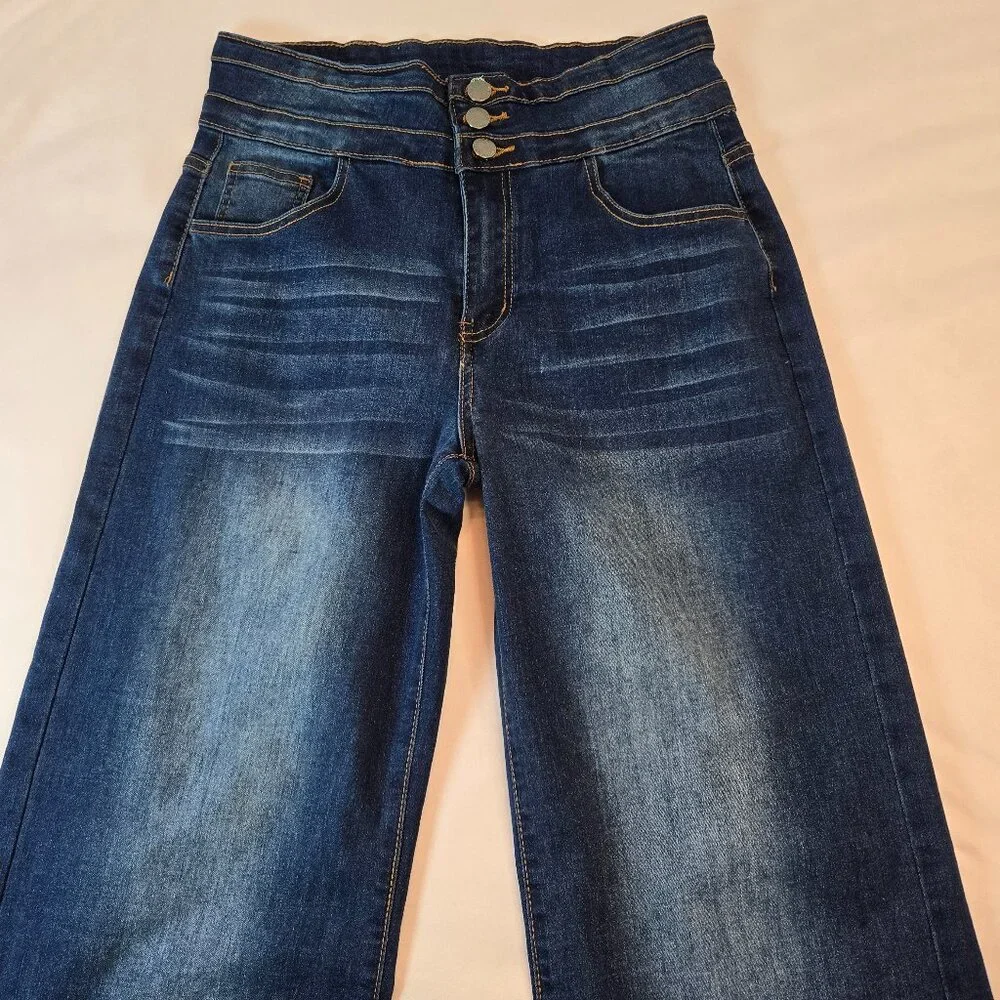 ROSWEAR Women's Wide Leg Jeans Casual High Waisted Stretch Sz: M Blue